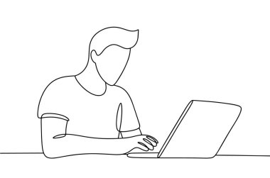 Bir adam dizüstü bilgisayarla çalışıyor. Programı programcı yazıyor. Programcılar Günü. Farklı kullanım alanları için bir çizgi. Vektör illüstrasyonu.