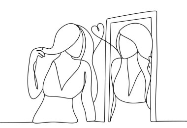 Bir kadın sevgiyle yansımasına bakar. Güçlü ve zayıf yönlerini kabul et. Farkındalık yaratıyorum. Farkındalık Günü. Farklı kullanım alanları için bir çizgi. Vektör illüstrasyonu.