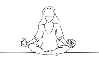 Kadın meditasyon yapıyor. Zihin ve duygular arasındaki uyum. Farkındalık yaratıyorum. Farkındalık Günü. Farklı kullanım alanları için bir çizgi. Vektör illüstrasyonu.