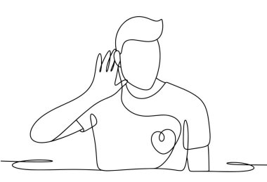 Bir adam kendi iç sesini dinler. Kalbinin sesini dinle. Farkındalık yaratıyorum. Farkındalık Günü. Farklı kullanım alanları için bir çizgi. Vektör illüstrasyonu.