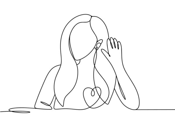 Женщина слушает свой внутренний голос. Слушай свое сердце. Повышение осведомленности. День памятования. Один рисунок линии для различных целей. Векторная иллюстрация.