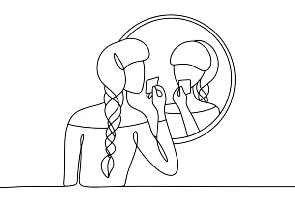 女性は鏡の前で断言する 彼女は鏡にステッカーを貼っている 意識を高めること マインドフルネスデー 異なる用途のための1行の図面 ベクトルイラスト — ストックベクタ