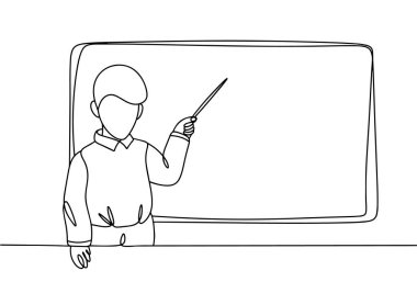 Çocuk tahtada cevap veriyor. Çocuğun elinde bir işaretçi var. Eğitim Özgürlüğü Günü. Farklı kullanım alanları için bir çizgi. Vektör illüstrasyonu.