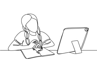 Kız tabletteki dersi izlerken ders çalışıyor. Uzaktan eğitim. Eğitim Özgürlüğü Günü. Farklı kullanım alanları için bir çizgi. Vektör illüstrasyonu.