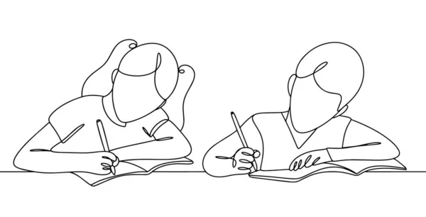 男孩和女孩在笔记本上写字 学生们正在学习写字 学校课程 教育自由日 不同用途的单行绘图 矢量说明 — 图库矢量图片