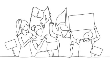 Afişleri, bayrakları ve posterleri olan bir kalabalık. Halkın gücü. Toplanın. Uluslararası Demokrasi Günü. Farklı kullanım alanları için bir çizgi. Vektör illüstrasyonu.