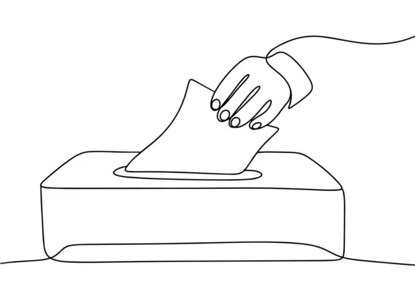Bir adam oy sandığına oy veriyor. Siyasi seçimler. Uluslararası Demokrasi Günü. Farklı kullanım alanları için bir çizgi. Vektör illüstrasyonu.