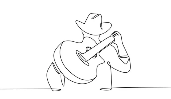 ギターを持ったカウボーイハットの男が背中に立っている 国際カントリーミュージックデー 異なる用途のための1行の図面 ベクトルイラスト — ストックベクタ