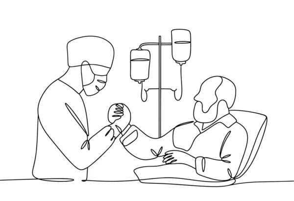 医生和一位老年病人握手 关心人类健康 安全的医疗保健 世界病人安全日 不同用途的单行绘图 矢量说明 — 图库矢量图片