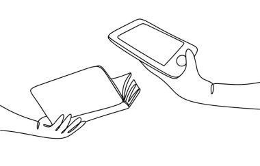 Kağıt defteri olan bir el ve e-kitabı olan bir el. Çevreyi kurtarma seçimi. Bir Ebook Günü oku. Farklı kullanım alanları için bir çizgi. Vektör illüstrasyonu.