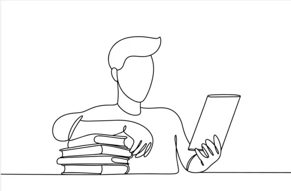 一个男人靠在一堆纸本上读电子书 拯救环境的选择 读一本电子书日 不同用途的单行绘图 矢量说明 — 图库矢量图片