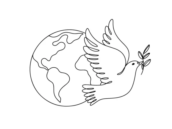 惑星地球と鳩 平和の鳥 戦争はない 平和の国際デー 異なる用途のための1行の図面 ベクトルイラスト — ストックベクタ