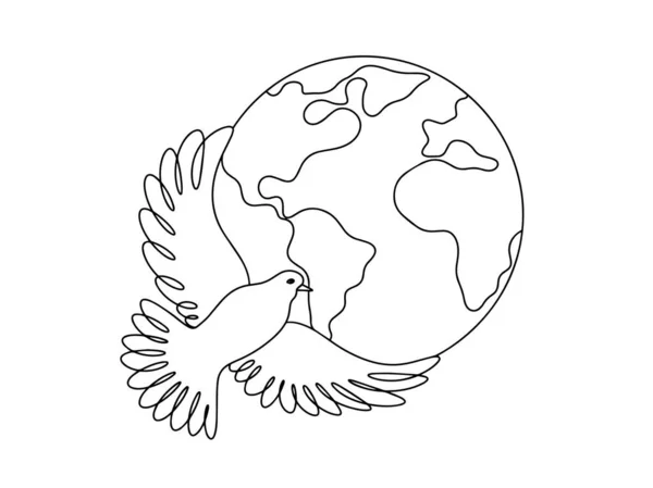 惑星地球と鳩 平和の鳥 戦争はない 平和の国際デー 異なる用途のための1行の図面 ベクトルイラスト — ストックベクタ