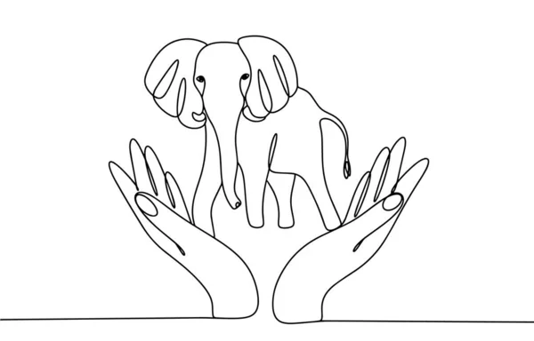 Elefanten Står Människohänder Världsdagen För Elefantskydd Ritning För Olika Användningsområden — Stock vektor