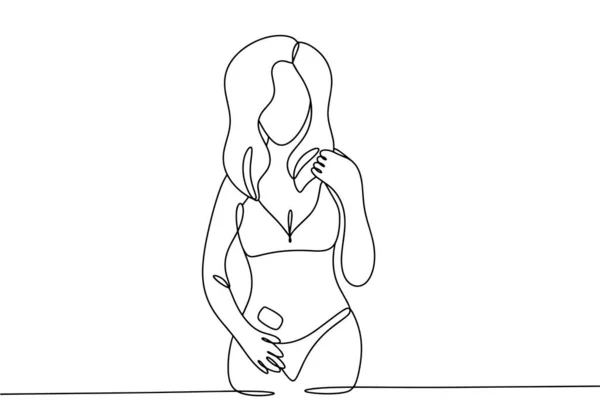 一个有避孕药片粘在肚子上的女人 避孕方法 世界避孕日 不同用途的单行绘图 矢量说明 — 图库矢量图片