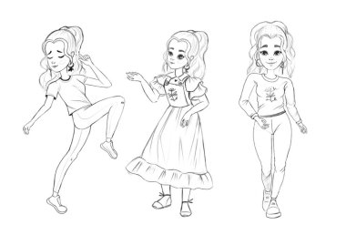 Kız dans ediyor, ayakta ve yürüyor. Farklı durumlarda kurgusal bir karakter. Sanatçılar için referans skeci. Farklı amaçlar için..