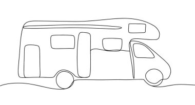 Seyahat kamyonu. Rahat yolculuk için bir karavan. Dünya Turizm Günü. Farklı kullanım alanları için bir çizgi. Vektör illüstrasyonu.