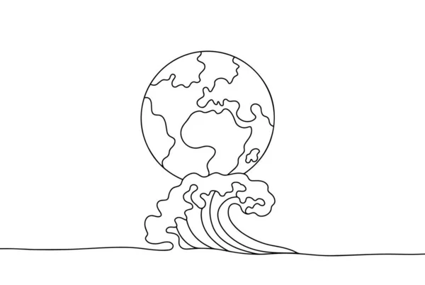 Earth Sea Wave World Maritime Day One Line Drawing Different — Stock Vector