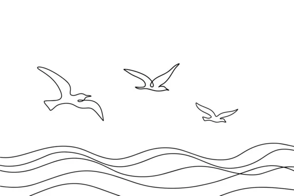 シーガルは海の表面を飛んでいる 小さな波に 世界海事デー 異なる用途のための1行の図面 ベクトルイラスト — ストックベクタ