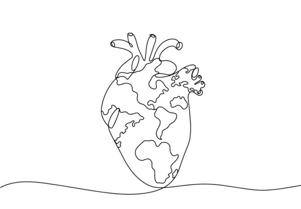 Человеческое Сердце Картой Мира Всемирный День Сердца Один Рисунок Линии — стоковый вектор