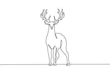 Güzel geyik dik duruyor. Boynuzlu büyük bir hayvan. Ren geyiği yetiştiriciliği. Dünya Çiftlik Hayvanları Günü. Farklı kullanım alanları için bir çizgi. Vektör illüstrasyonu.