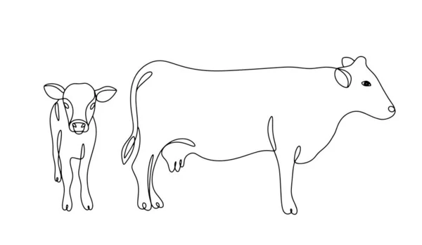カウとカルフ 農場の動物たち 繁殖する牛 世界農業動物デー 異なる用途のための1行の図面 ベクトルイラスト — ストックベクタ