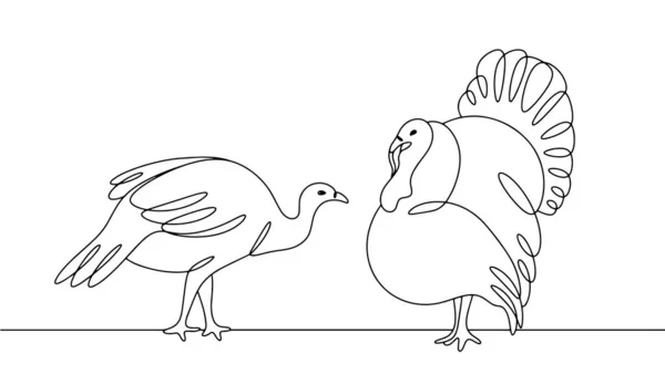 女性と男性のトルコ カップルの七面鳥 トルコの繁殖 世界農業動物デー 異なる用途のための1行の図面 ベクトルイラスト — ストックベクタ