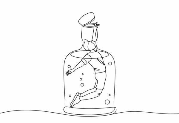 男はアルコールの瓶に浮かぶ 世界のアルコールフリーデー 異なる用途のための1行の図面 ベクトルイラスト — ストックベクタ