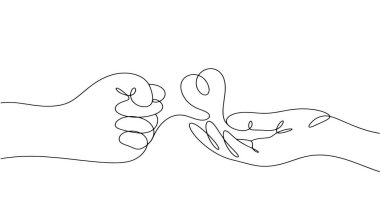 A person responds with love to aggression. Clenched fist and palm with a heart. International Day of Non-Violence. One line drawing for different uses. Vector illustration. clipart
