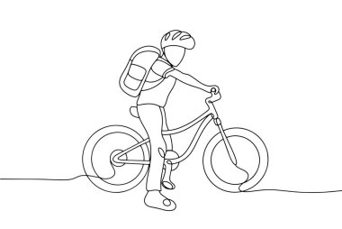 Bir okul çocuğu okula bisiklete biner. Uluslararası Yürüyüş ve Okula Bisiklet Günü. Farklı kullanım alanları için bir çizgi. Vektör illüstrasyonu.