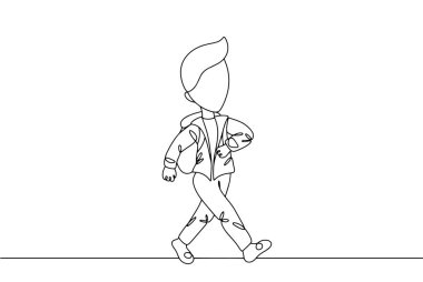 Çocuk okula yürür. Uluslararası Yürüyüş ve Okula Bisiklet Günü. Farklı kullanım alanları için bir çizgi. Vektör illüstrasyonu.