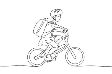 Bir okul çocuğu okula bisiklete biner. Bisikletli kız. Uluslararası Yürüyüş ve Okula Bisiklet Günü. Farklı kullanım alanları için bir çizgi. Vektör illüstrasyonu.