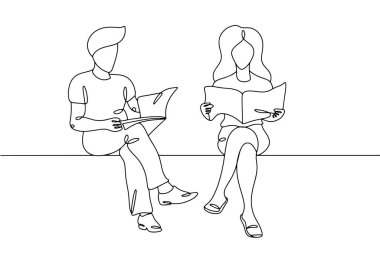 Bir erkek ve bir kadın hevesle gazete okuyorlar. Gazete taşıma günü. Farklı kullanım alanları için bir çizgi. Vektör illüstrasyonu.