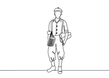 Gazete dağıtım elemanı. Adam basılı materyal dağıtıyor. Gazete taşıma günü. Farklı kullanım alanları için bir çizgi. Vektör illüstrasyonu.