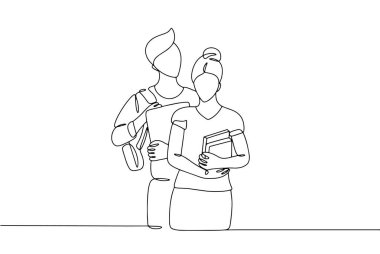 Bir kaç öğrenci. Kız ve baba yüksek öğrenim görüyorlar. Dünya Öğrenciler Günü. Farklı kullanım alanları için bir çizgi. Vektör illüstrasyonu.