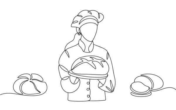Kvinnlig Bagare Med Bröd Händerna Världsbrödsdagen Ritning För Olika Användningsområden — Stock vektor