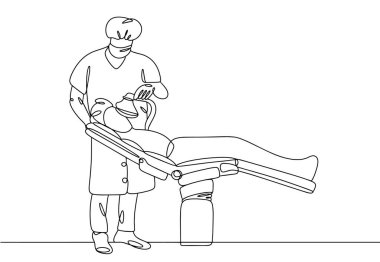 Bir anestezi uzmanı elinde anestezi maskesi tutuyor. Ameliyattan önce hastaya anestezi yapın. Dünya Anestezi Günü. Farklı kullanım alanları için bir çizgi. Vektör illüstrasyonu.