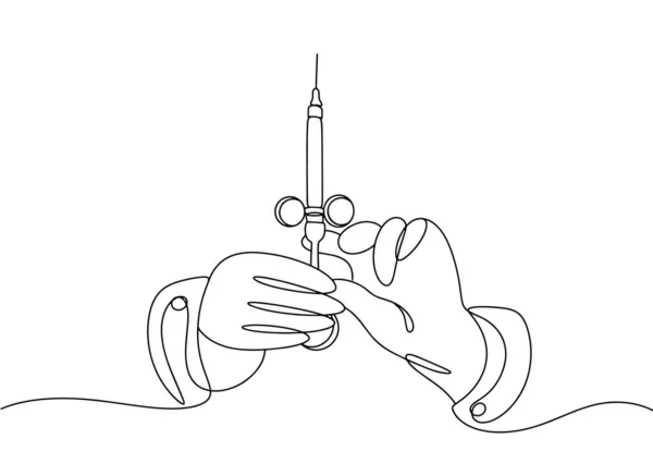 麻酔科医は麻酔薬を持った注射器を手に持っています 世界麻酔の日 異なる用途のための1行の図面 ベクトルイラスト — ストックベクタ