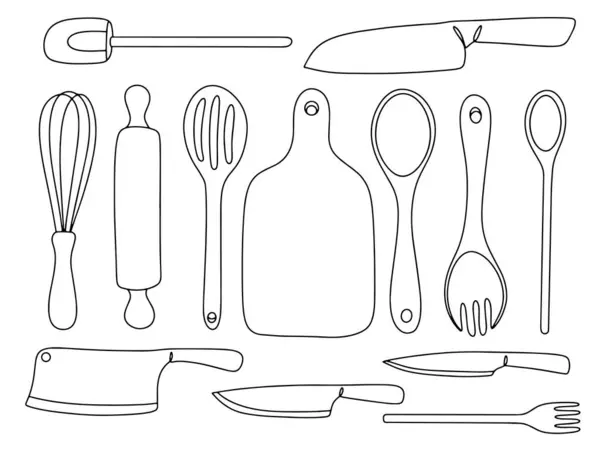 Кухонные Принадлежности Приготовления Пищи Инструменты Повара Один Рисунок Линии Различных — стоковый вектор