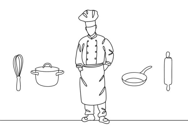 厨师和厨房用具 国际厨师日 不同用途的单行绘图 矢量说明 — 图库矢量图片