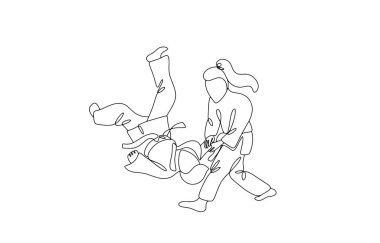 Judokalar göğüs göğüse çarpışırlar. Dünya Judo Günü. Farklı kullanım alanları için bir çizgi. Vektör illüstrasyonu.