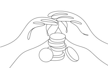 İki el bozuk paraları örter. Para biriktiriyorum. Dünya Tasarruf Günü. Farklı kullanım alanları için bir çizgi. Vektör illüstrasyonu.