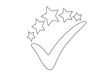 Kontrol işareti ve 5 yıldız. Yüksek kalite. Kalite kontrolü. Dünya Kalite Günü. Farklı kullanım alanları için bir çizgi. Vektör illüstrasyonu.