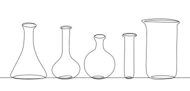 Farklı şekil ve boyutlarda test tüpleri. Bilimde kullanılan mataralar. Dünya Bilim Günü. Farklı kullanım alanları için bir çizgi. Vektör illüstrasyonu.