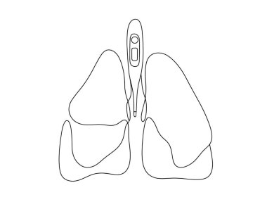 Arasında termometre olan akciğerler. Sıcaklık. Zatürree belirtisi. Dünya Zatürree Günü. Farklı kullanım alanları için bir çizgi. Vektör illüstrasyonu.