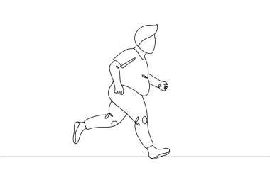 Koşu yapan bir adam. Kilo vermek için fiziksel aktivite. Uluslararası Obezite Günü. Farklı kullanım alanları için bir çizgi. Vektör illüstrasyonu.