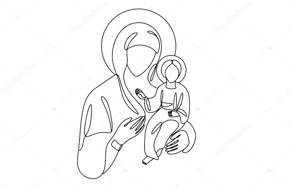 The Virgin Mary holds the baby Jesus in her arms. Holy Virgin Mary. One line drawing for different uses. Vector illustration.