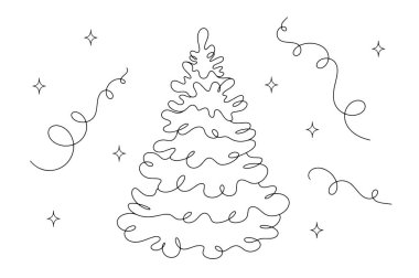 Süssüz Noel ağacı. Yılan süslemesi ve ışıklar. Mutlu yıllar ve mutlu Noeller! Farklı kullanım alanları için yeni yıl illüstrasyonu. Vektör.