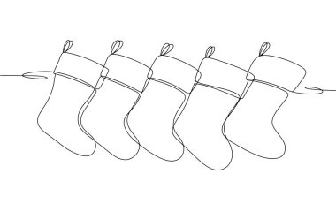 Arka arkaya beş Noel çorabı asılıydı. Yeni yıl aile geleneği. Mutlu yıllar ve mutlu Noeller! Farklı kullanım alanları için yeni yıl illüstrasyonu. Vektör.