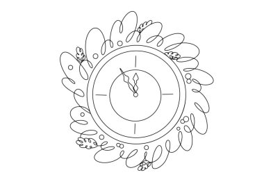 Etrafta bir çelenk varken yılbaşı saati. Mutlu yıllar ve mutlu Noeller! Farklı kullanım alanları için yeni yıl illüstrasyonu. Vektör.